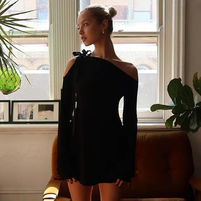 Lace Up Mini Dress for Off Shoulder Slim Long Sleeve Dresses Femme Party Ruffles Bodycon Dress Woman