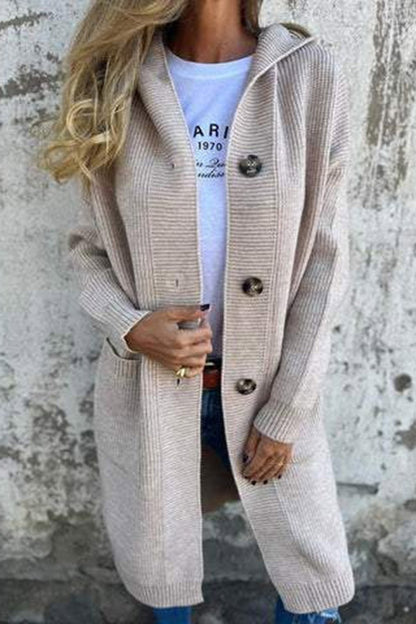 Color Hooded Pocket Mid-length Knitted Cardigan
