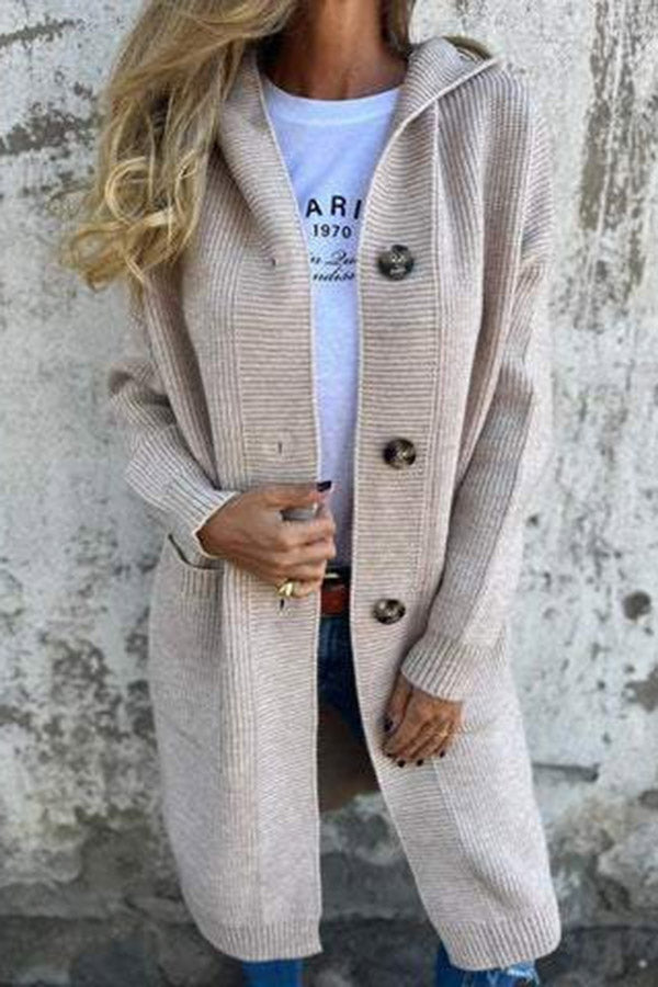 Color Hooded Pocket Mid-length Knitted Cardigan