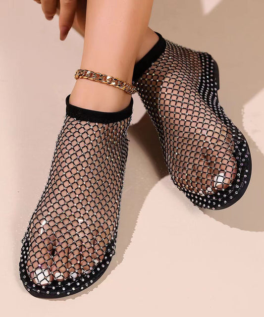 Black Hollow Out Zircon Flat Sandals Breathable Mesh New