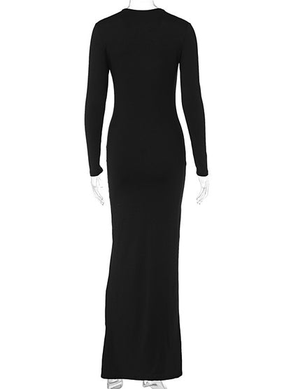 Bodycon Long Sleeves See-through Color Round-neck Maxi Dresses