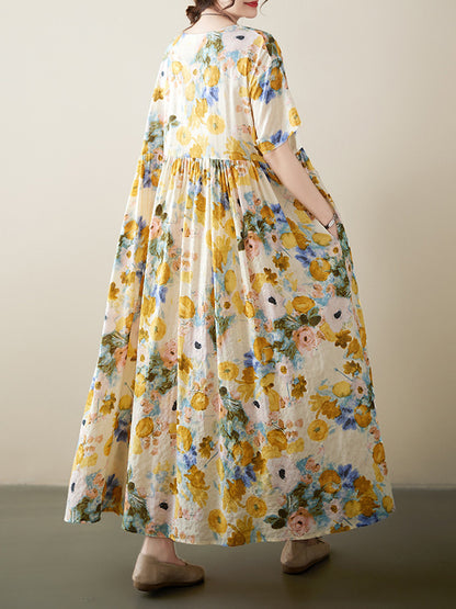 A-line Loose Printed Round-neck Midi Dresses