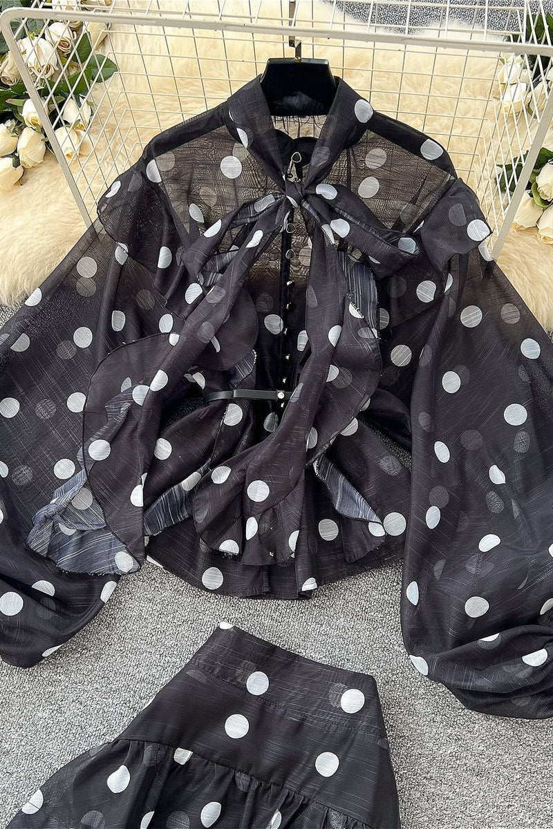 Polka Dot Blouse Mermaid Skirt Two Pieces Set