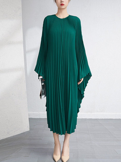 Urban Flared Batwing Sleeves Pleated Color Round-neck Midi Dresses