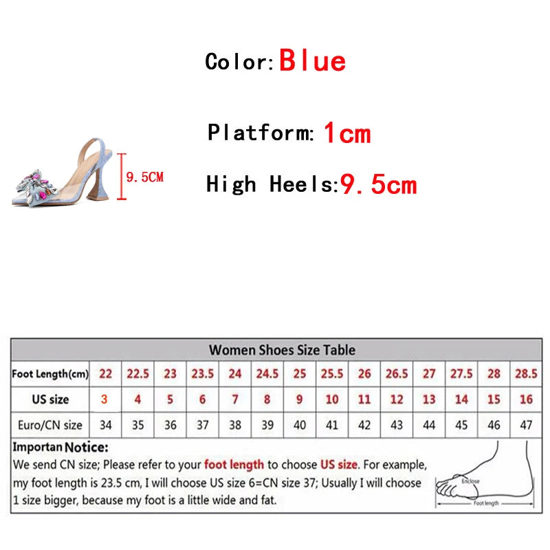 Design Gem Bowknot Pumps Pointed Toe Blue Denim High Heels Shoes Pvc Transparent Sandal
