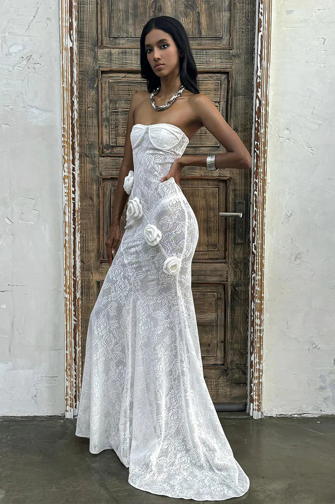 Sheer Lace Strapless 3d Train Maxi Dress