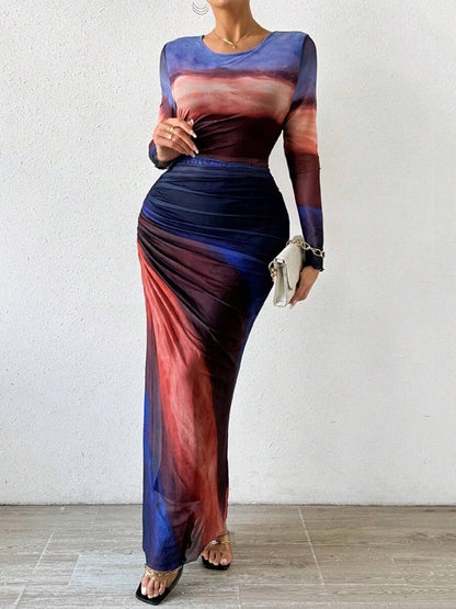 Bodycon Long Sleeves Gauze Gradient Pleated Printed See-through Round-neck Maxi Dresses