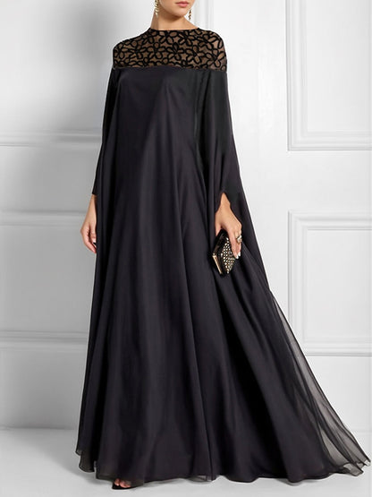 Batwing Sleeves Loose Jacquard See-through Color Split-joint Three-dimensional Flower Round-neck Maxi Dresses