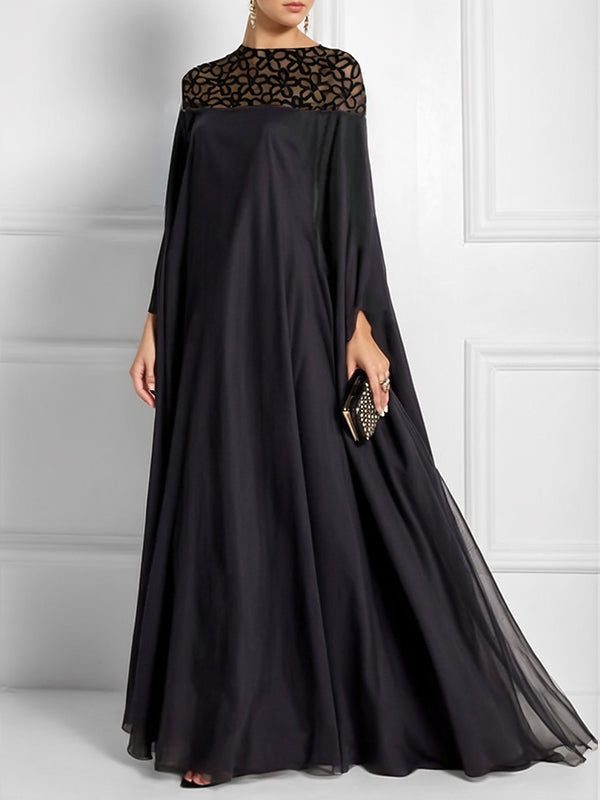 Batwing Sleeves Loose Jacquard See-through Color Split-joint Three-dimensional Flower Round-neck Maxi Dresses