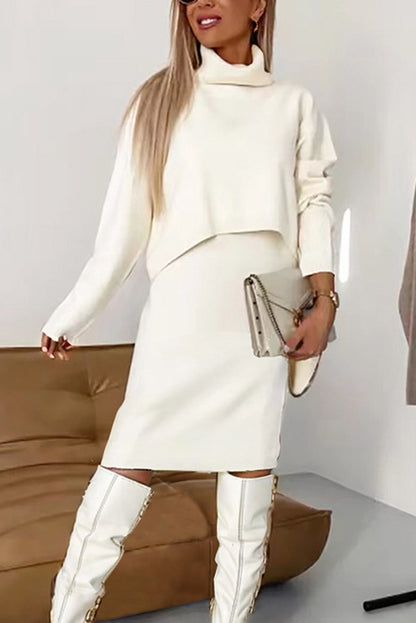 Color Turtleneck Sweater and Knee Length Dress Set