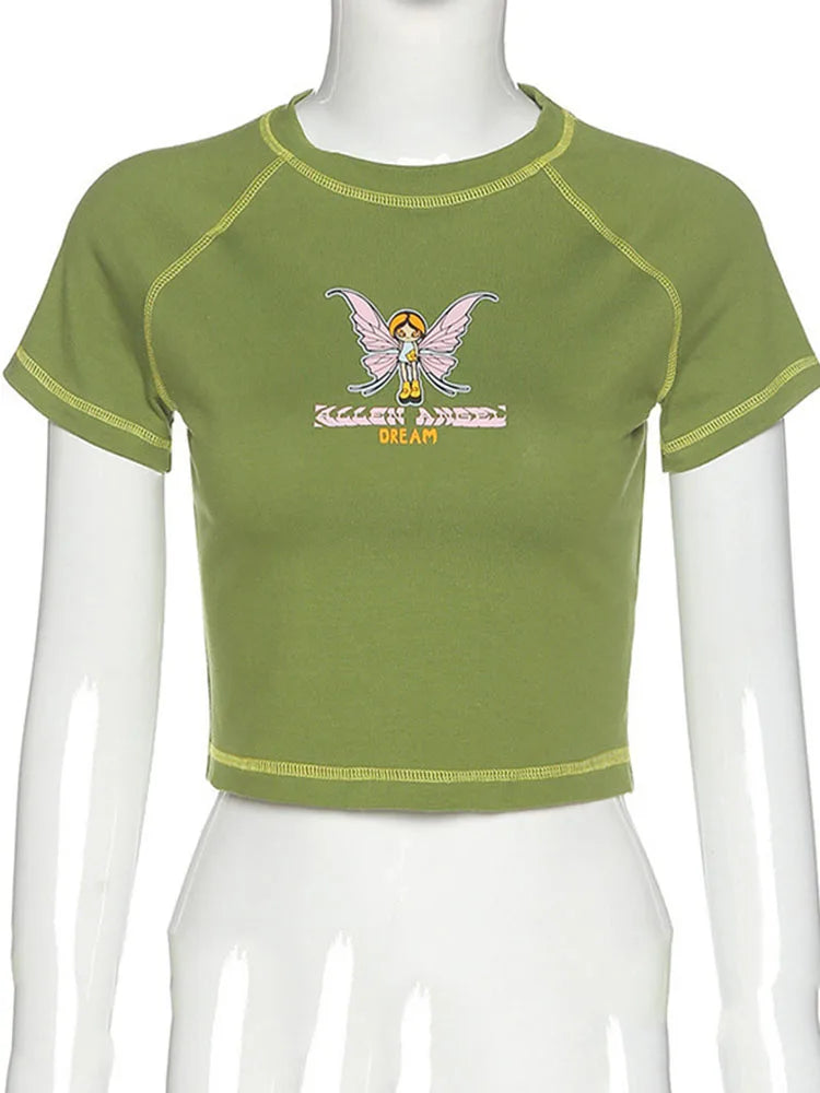 Butterfly Graphic and Letter Printing Stitch Green Crop Tops O-neck Short Sleeve T-shirts Clothes Shirt Bf Clothing Tee