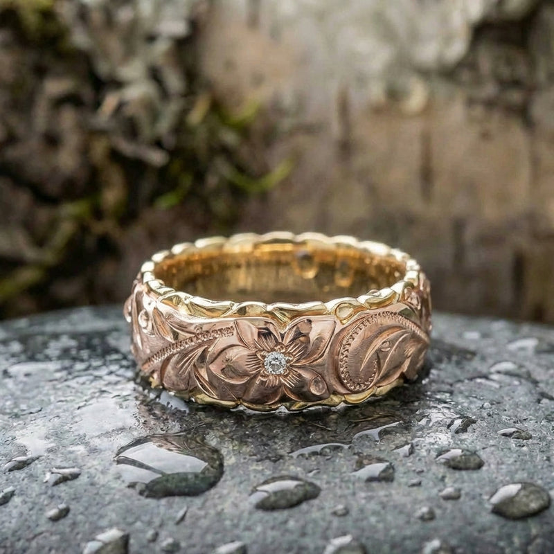 A Vintage Rose Gold Flower Engraved Ring