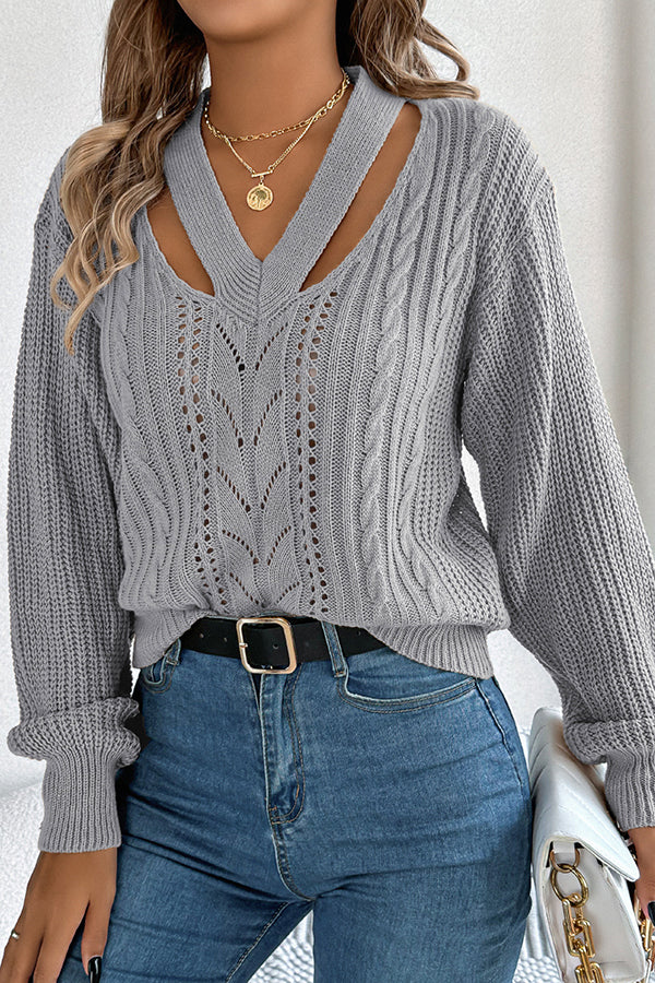 Hollow V-neck Long-sleeved Knitted Sweater
