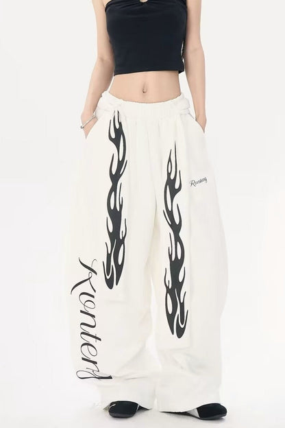 Flame Print Detachable Tie Curved Sweat Pants