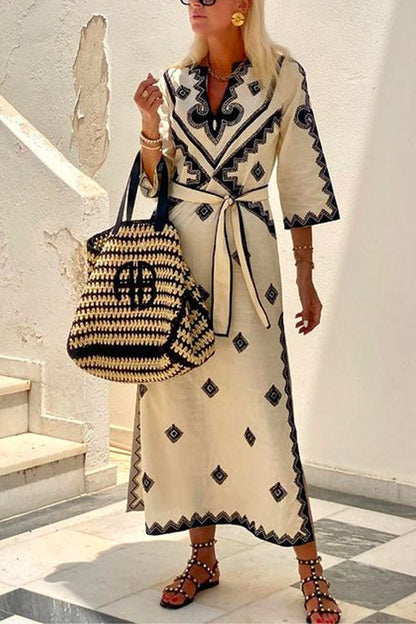 V Neck Tie Waist Side Split Bohemia Printed Maxi Dress