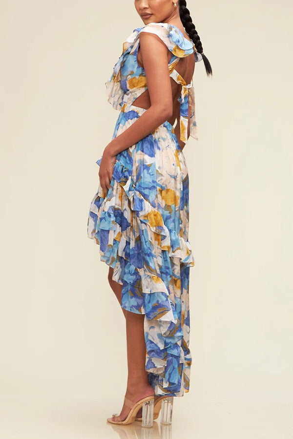 Print V-neck Backless Resort Maxi Dress