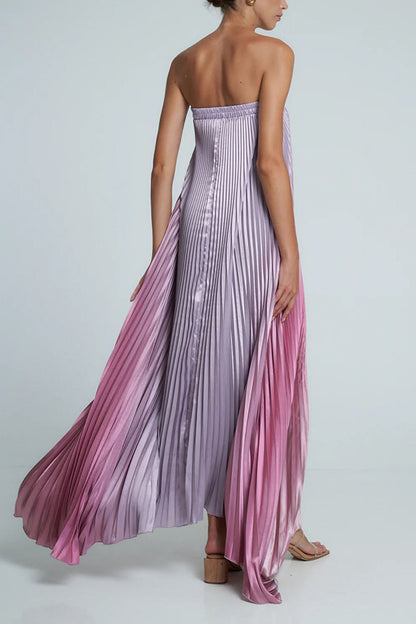 Styling Satin Pleated Elastic Bust Strapless A-line Gown Maxi Dress