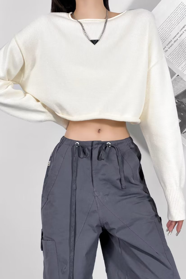 Round Neck Color Loose Long Sleeve Super Short Knitted Sweater
