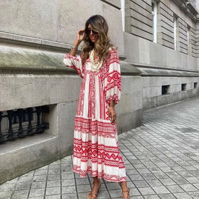 Puff Sleeve Maxi Dress Print V-neck Loose Holiday Beach Party Vestidos