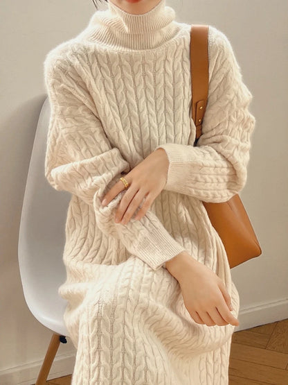 Knitted Long Dress Loose Long Sleeve Turtleneck Pullover Femme Retro Warm Sweater Knitwear Cover Up