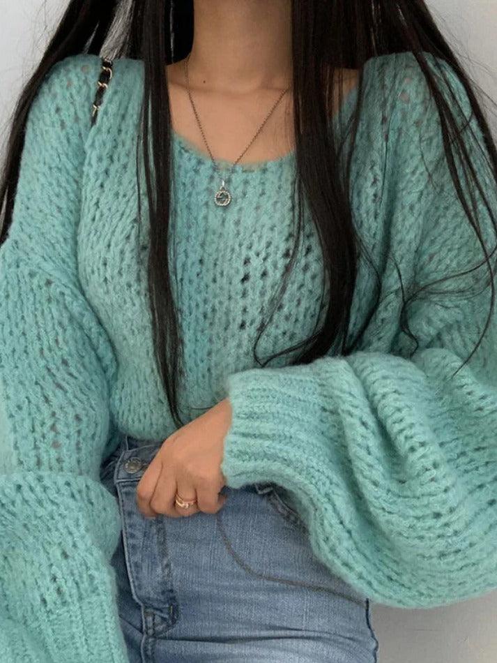 Cutout Lantern Sleeve Loose Sweater