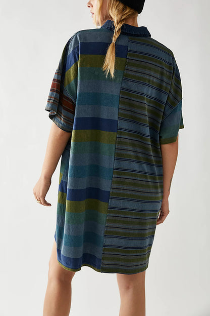 Contrast Striped Patchwork Denim Lapel Loose Mini Dress