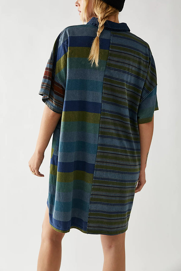 Contrast Striped Patchwork Denim Lapel Loose Mini Dress