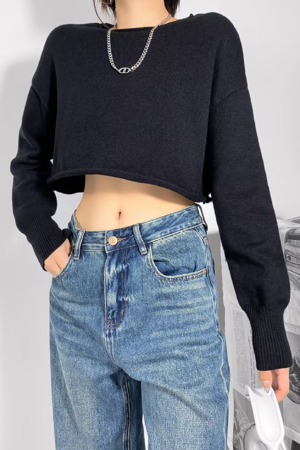 Round Neck Color Loose Long Sleeve Super Short Knitted Sweater