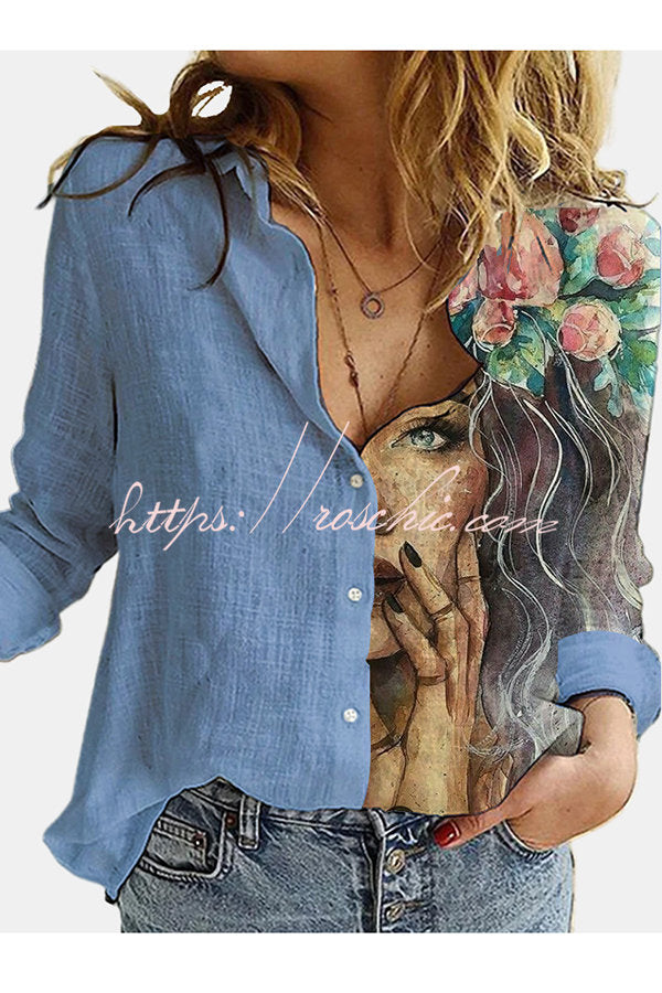 Figure Print Button Design Long Sleeve Blouse