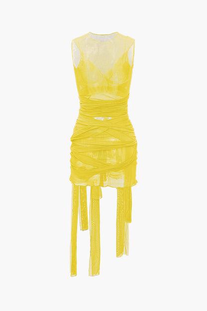 Color Sheer Mesh Wrap Tie Ribbon Mini Dress
