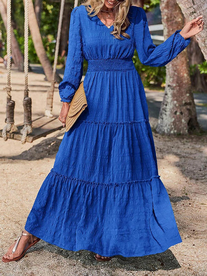 A-line Long Sleeves Elasticity Color Split-joint V-neck Maxi Dresses
