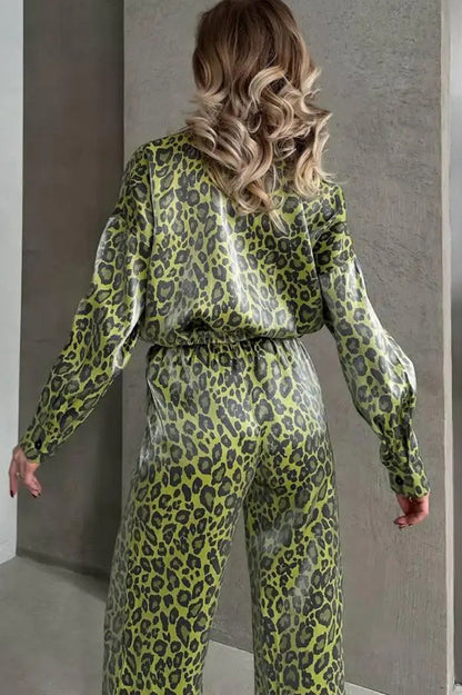 Leopard Print Long-sleeved Top and Loose Elastic Waist Tie Pants Set