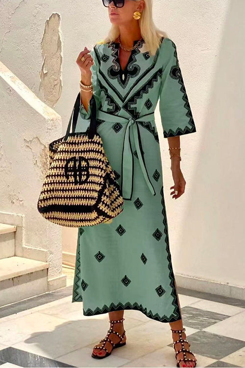 V Neck Tie Waist Side Split Bohemia Printed Maxi Dress