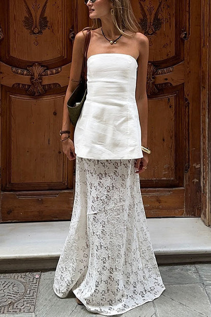 Elastic Waistband Lace Hollow Out Maxi Skirt