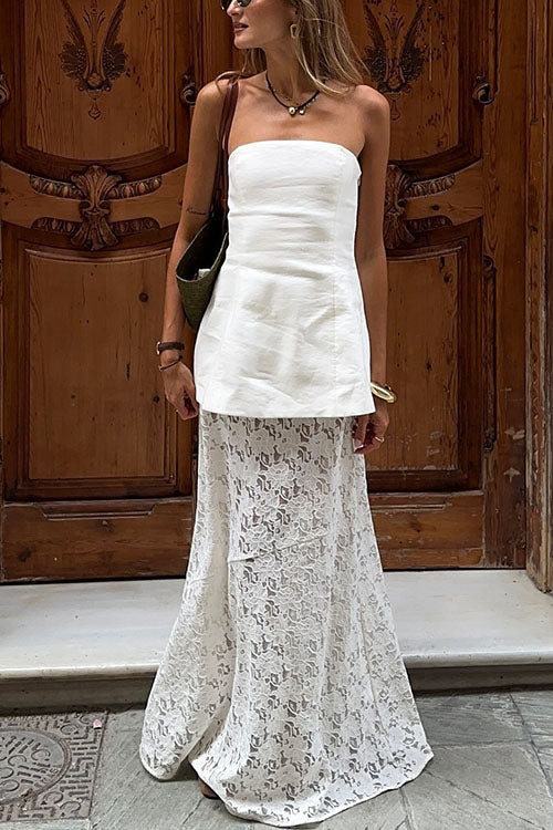 Elastic Waistband Lace Hollow Out Maxi Skirt