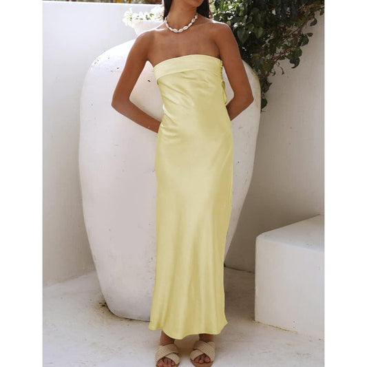 Satin Strapless Backless Maxi Dress