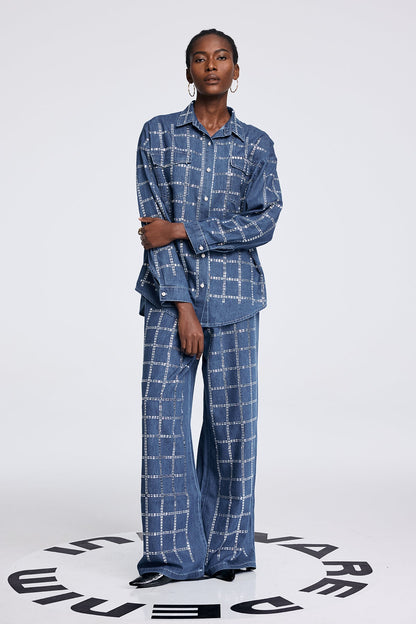 Aodh Rhinestone Grid Denim Shirt Pants Set in Blue