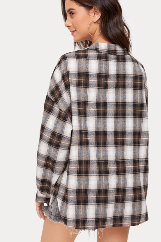 Plaid Stand Collar Button Shirt Blouse