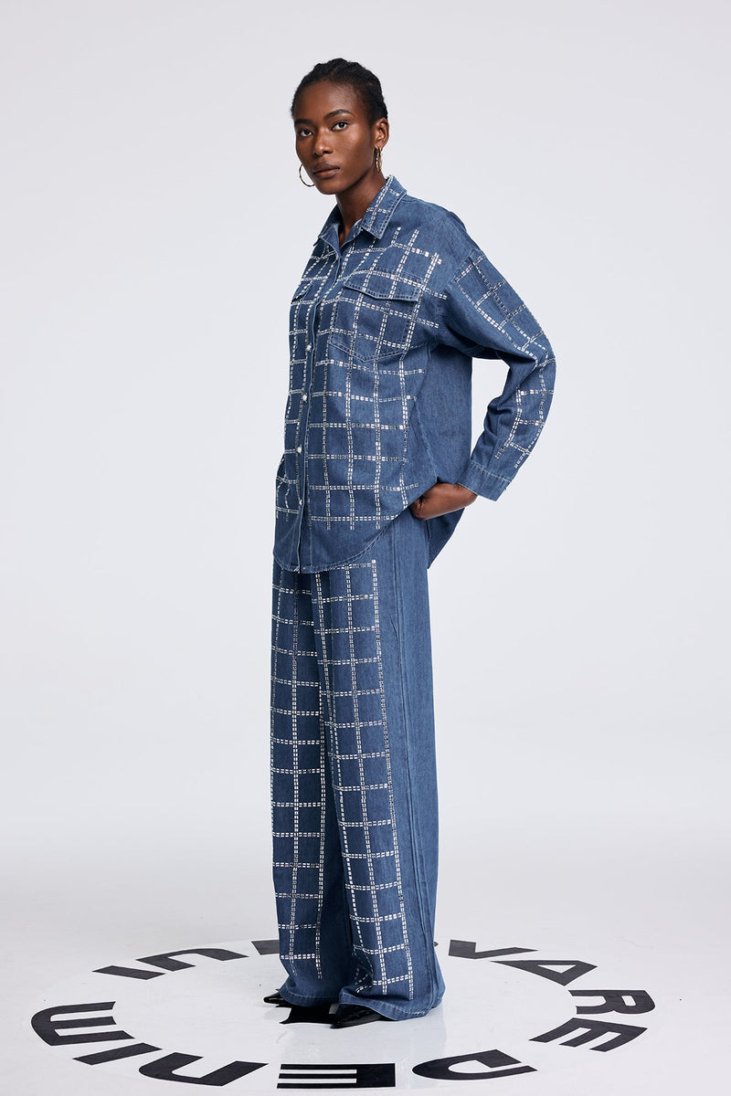 Aodh Rhinestone Grid Denim Shirt Pants Set in Blue