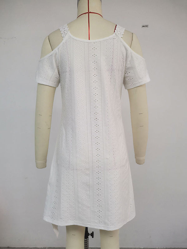 A-line High Waisted Hollow Color Split-joint Cold Shoulder Mini Dresses