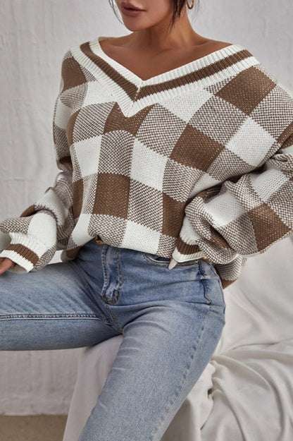 Plaid V-neck Loose Long Sleeve Knit Sweater