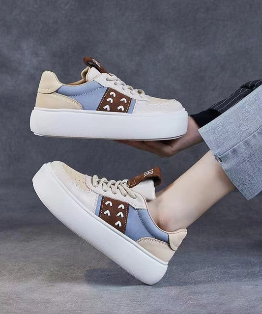 Beige Flat Shoes Platform Cowhide Leather Lace Up
