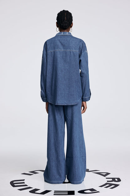 Aodh Rhinestone Grid Denim Shirt Pants Set in Blue