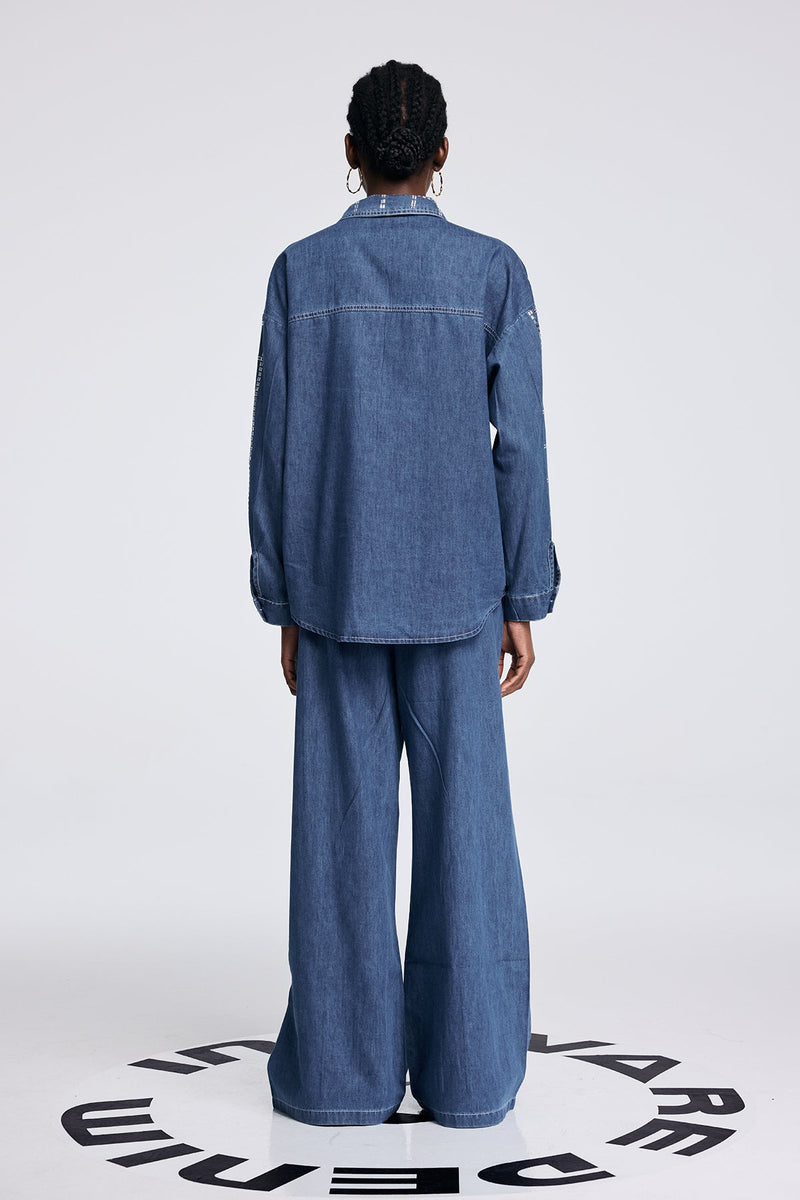Aodh Rhinestone Grid Denim Shirt Pants Set in Blue