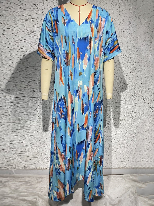 Loose Short Sleeves Contrast Color High-waisted Printed V-neck Maxi Dresses