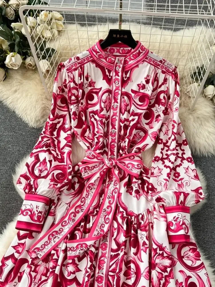 Long Dress Printing Long Sleeve Maxi Dresses Slim A-line High Waisted Bandage Long Robe Vestidos