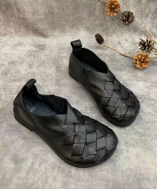 Black Flat Shoes for Handmade Cowhide Leather Fitted Splicing