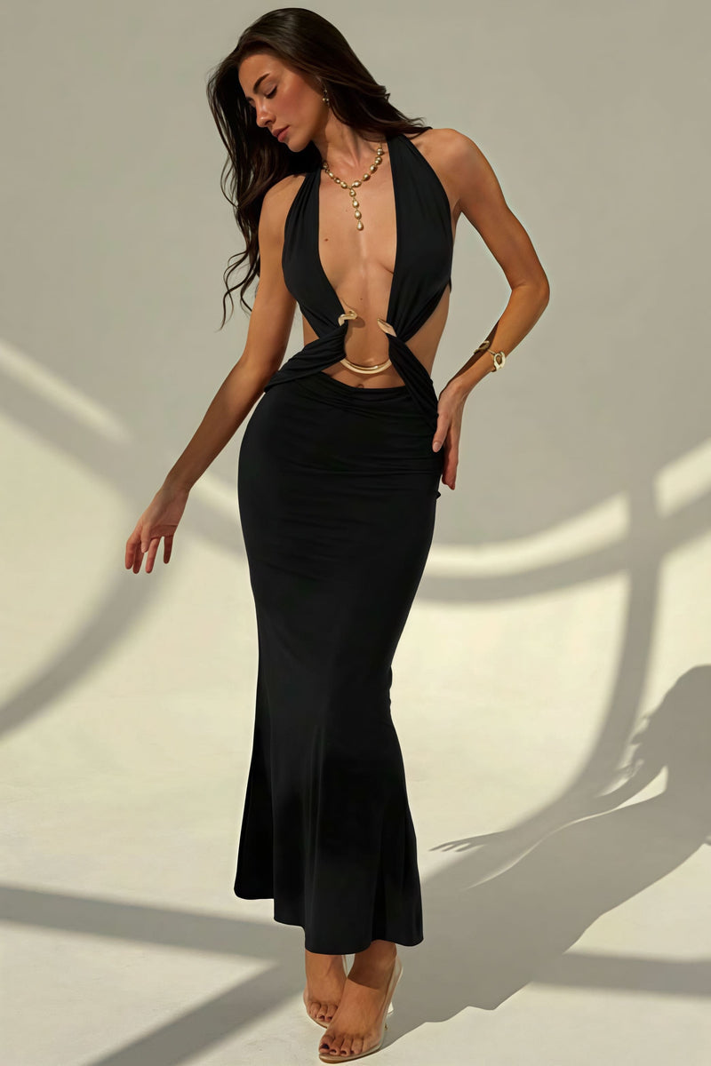 Halter Deep V Neck Backless Metal Maxi Dress