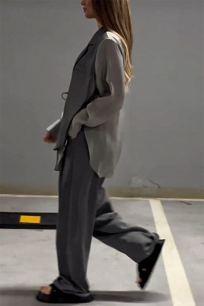And Chiffon Patchwork Irregular Lace-up Jacket and Pocketed Straight-leg Pants Set