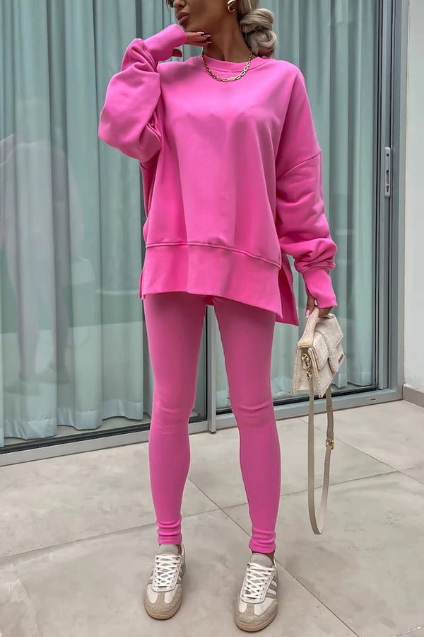 Color Loose Long Sleeve Slitsweatshirt and Elastic Waist Tight Pants Set